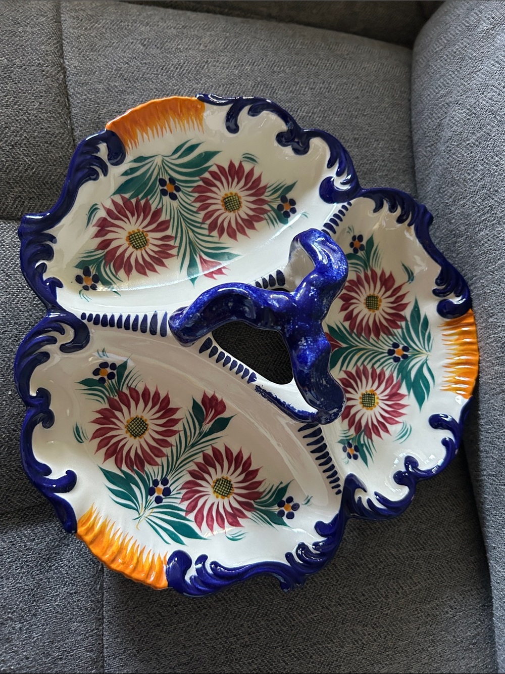 HB Henriot Quimper French Faience Pottery 3 Divided Serving Dish Tray